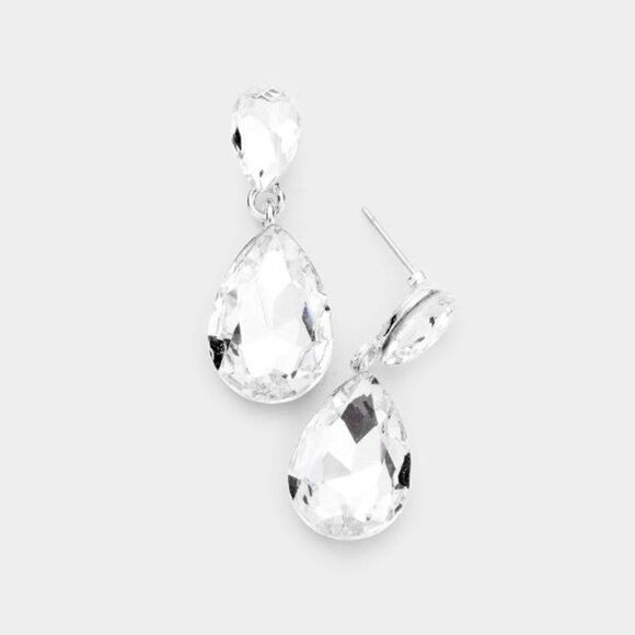 Clear Crystal Teardrop Silver Dangle Earrings - Picture 1 of 5